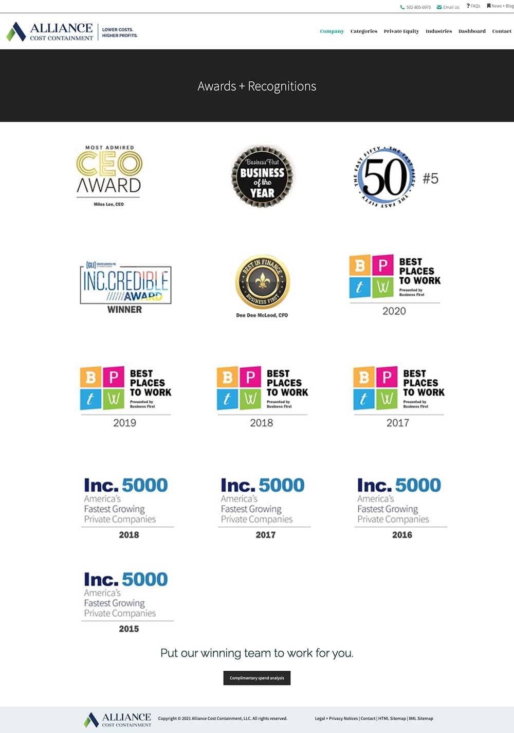Screenshot of ACC awards page wordpress website design