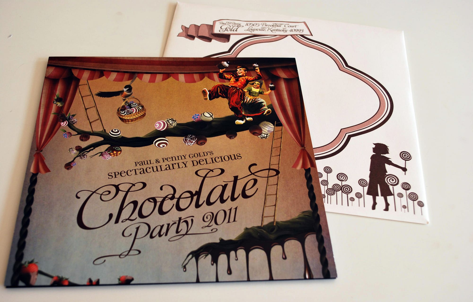 Kids eating Chocolate Wonderland Chocolate Party Invitation with Envelope Design Studio Louisville, KY