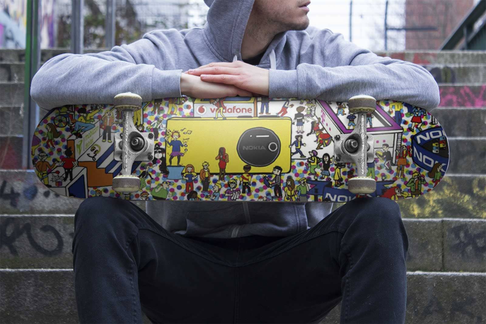 Nokia Postcard with illustrated characters printed on skateboard