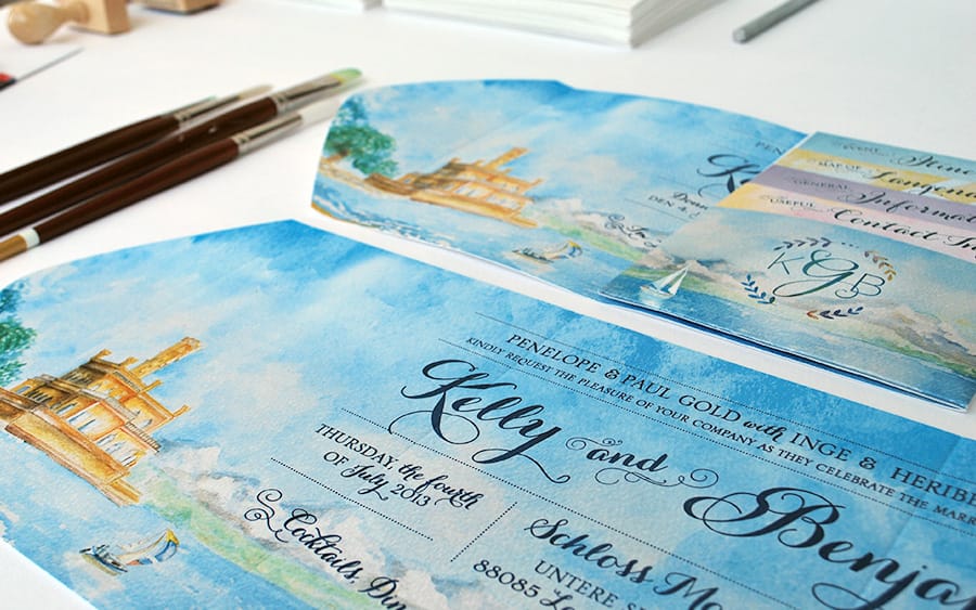 International bilingual wedding invitation - watercolor illustrations German and English