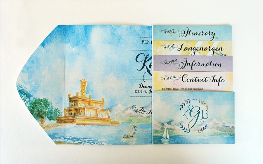 International bilingual wedding invitation - watercolor illustrations German and English